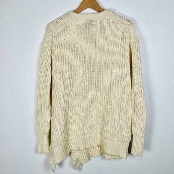 JCREW Cream Oversize Wool Blend Cable knit Fringe Asymmetrical Sweater Size: XS - Picture 11 of 13
